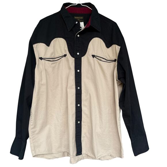 Rustler by Wrangler Shirt Mens XL Black Tan Western Pearl Snap Cowboy WM751RG - Picture 1 of 6